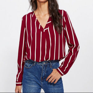 SheIn V Neck Red Striped Long Sleeve Top